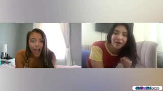 Coed gfs decide to use their toys during a videocall.The busty babe anal plugs her ass while the small tits brunette sets her ass on a toy